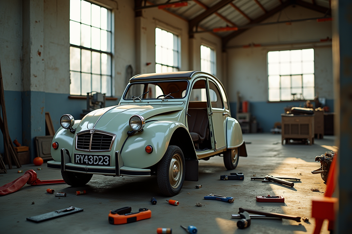 Voiture 2CV en restauration dans un atelier lumineux