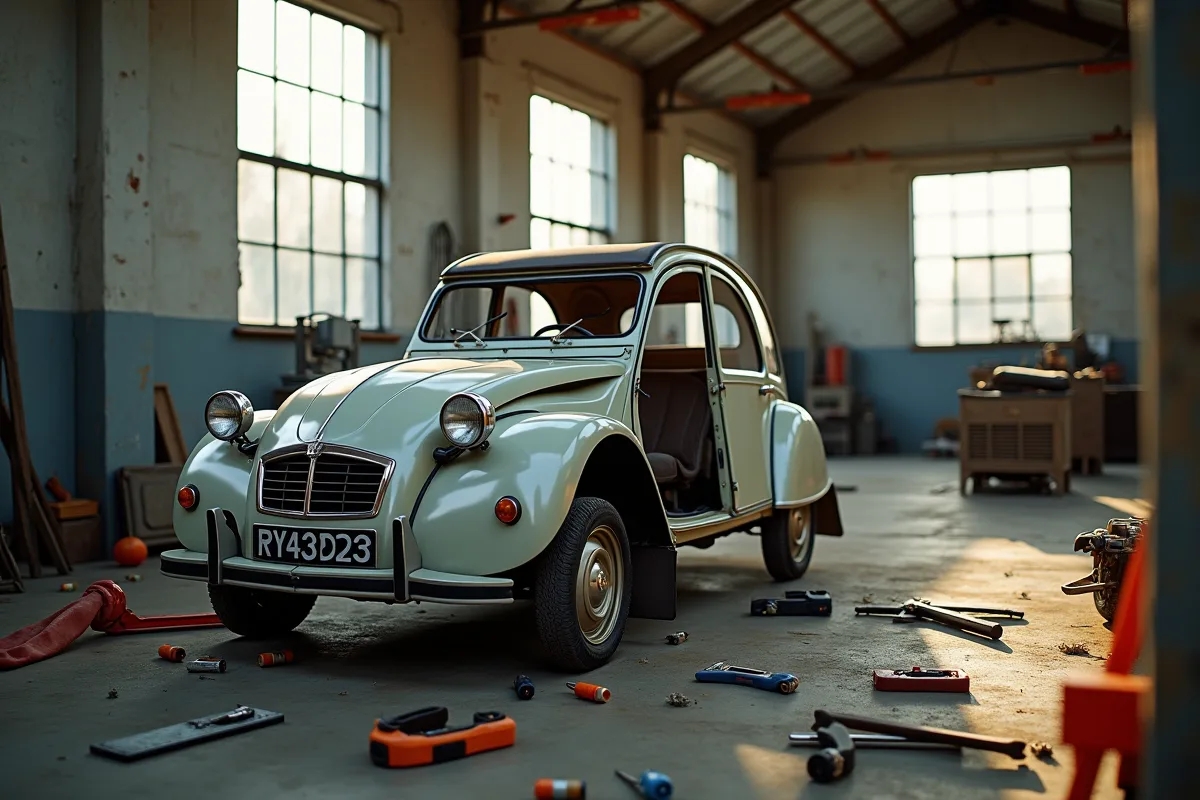 Voiture 2CV en restauration dans un atelier lumineux