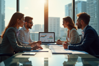 Trois professionnels en réunion d'affaires analysant des graphiques financiers