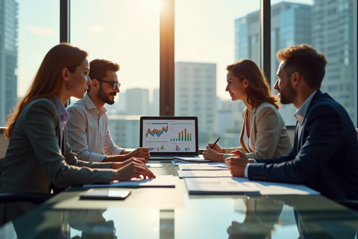 Trois professionnels en réunion d'affaires analysant des graphiques financiers