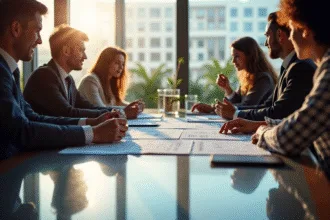 Réunion professionnelle avec des personnes diverses autour d'une table