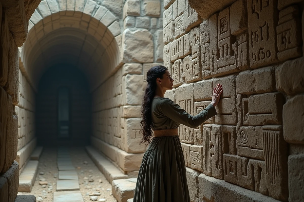 Femme aux cheveux noirs déchiffrant des glyphes anciens gravés dans un mur de pierre dans des ruines souterraines, scène inspirée du rôle de Robin dans One Piece 1133