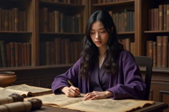 Jeune femme aux cheveux noirs étudiant des cartes anciennes et des parchemins dans une bibliothèque mystérieuse, évoquant Robin de One Piece chapitre 1133