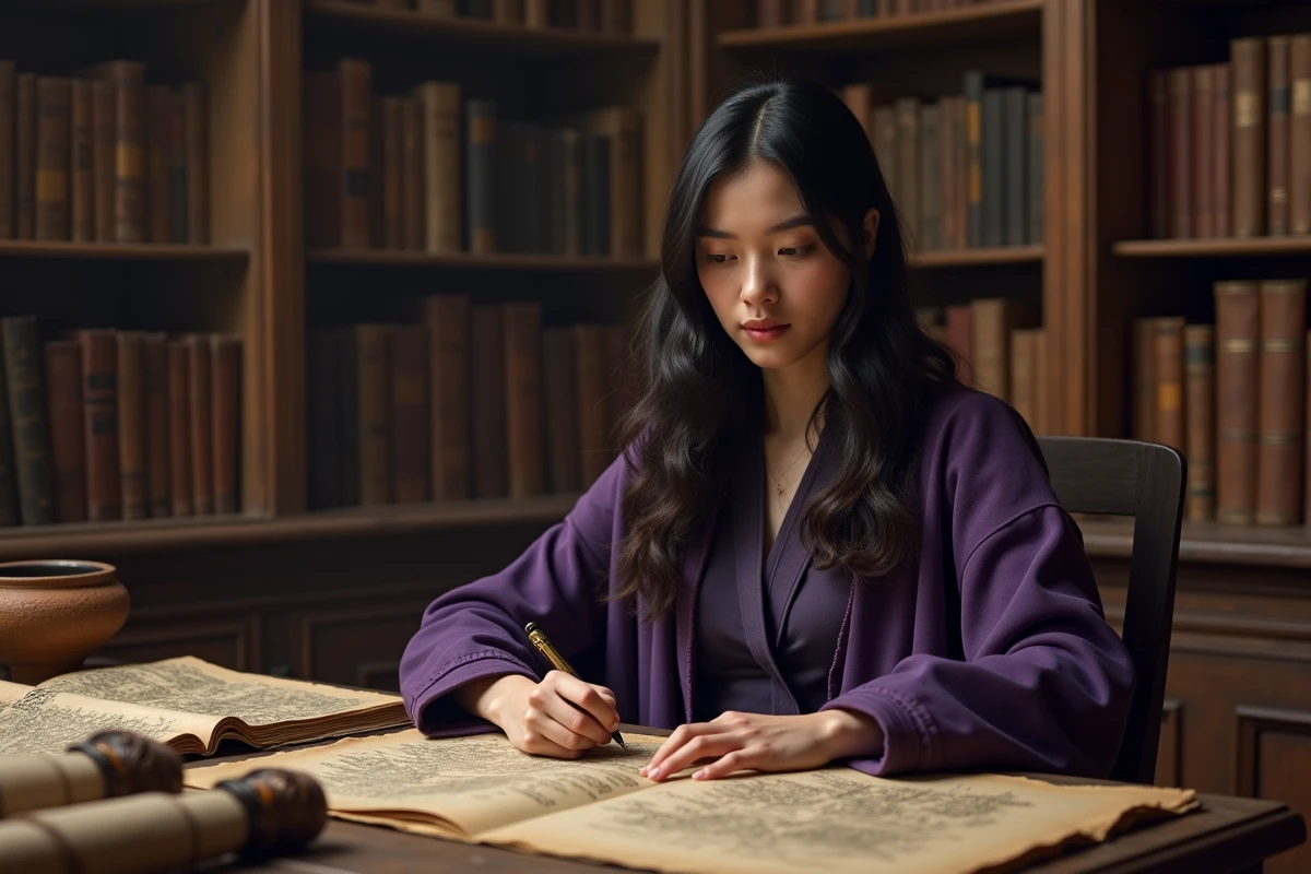 Jeune femme aux cheveux noirs étudiant des cartes anciennes et des parchemins dans une bibliothèque mystérieuse, évoquant Robin de One Piece chapitre 1133