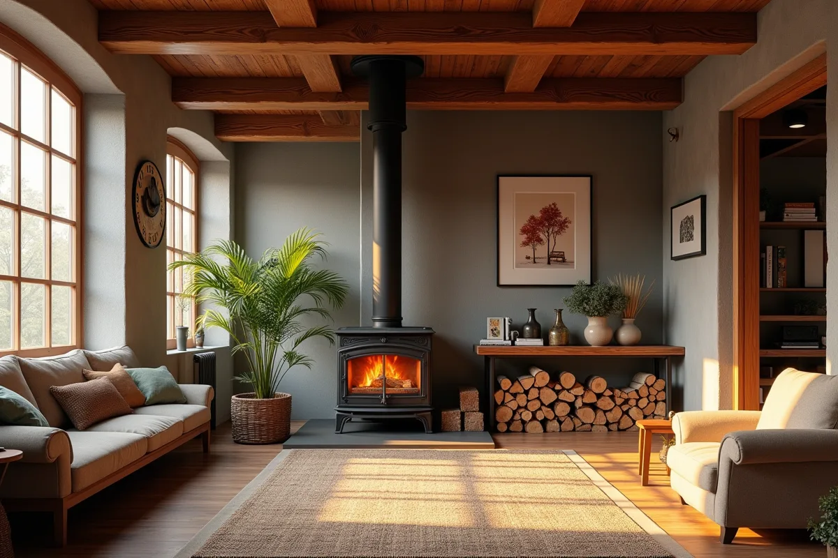 Salon chaleureux avec cheminée en bois ancien et mobilier moderne