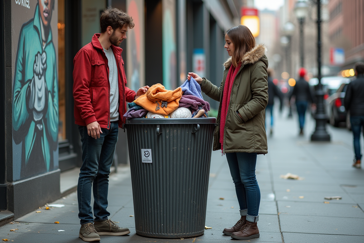 Jeunes devant une benne de dons vêtements usés dans une rue urbaine