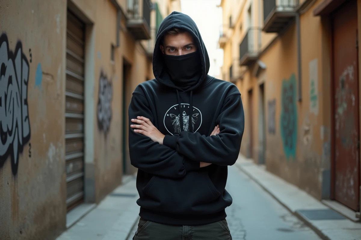 Portrait d'un jeune rappeur marseillais en hoodie noir dans une ruelle urbaine graffitée, évoquant l'esthétique sombre et mystérieuse de SCH