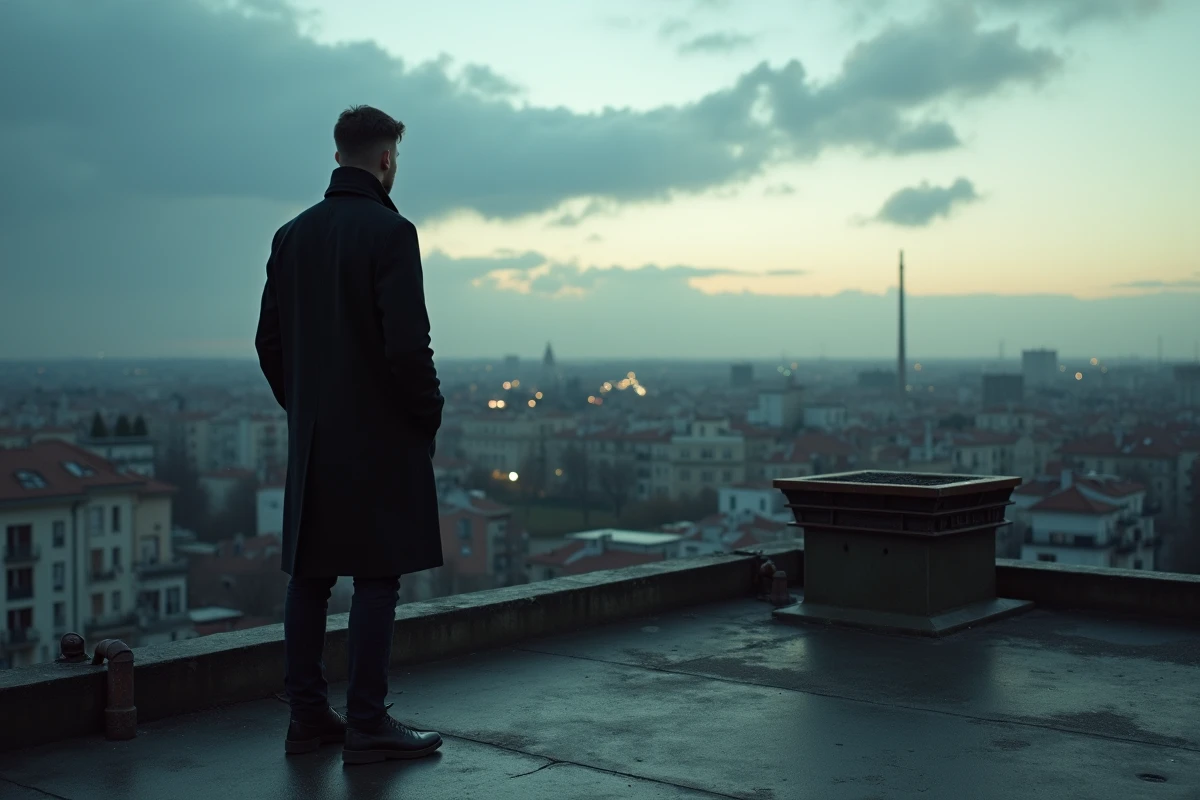 Silhouette d'un artiste de rap contemplant un panorama urbain depuis un toit à Marseille, symbolisant l'ambition et l'identité de SCH dans le paysage du rap français