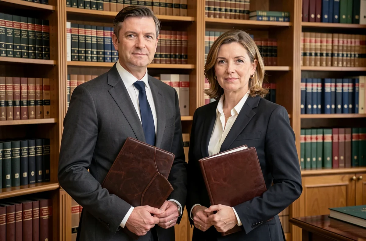 Deux avocats associés en costume sombre devant une bibliothèque juridique dans le cabinet SCP Denizeau Gaborit à Poitiers