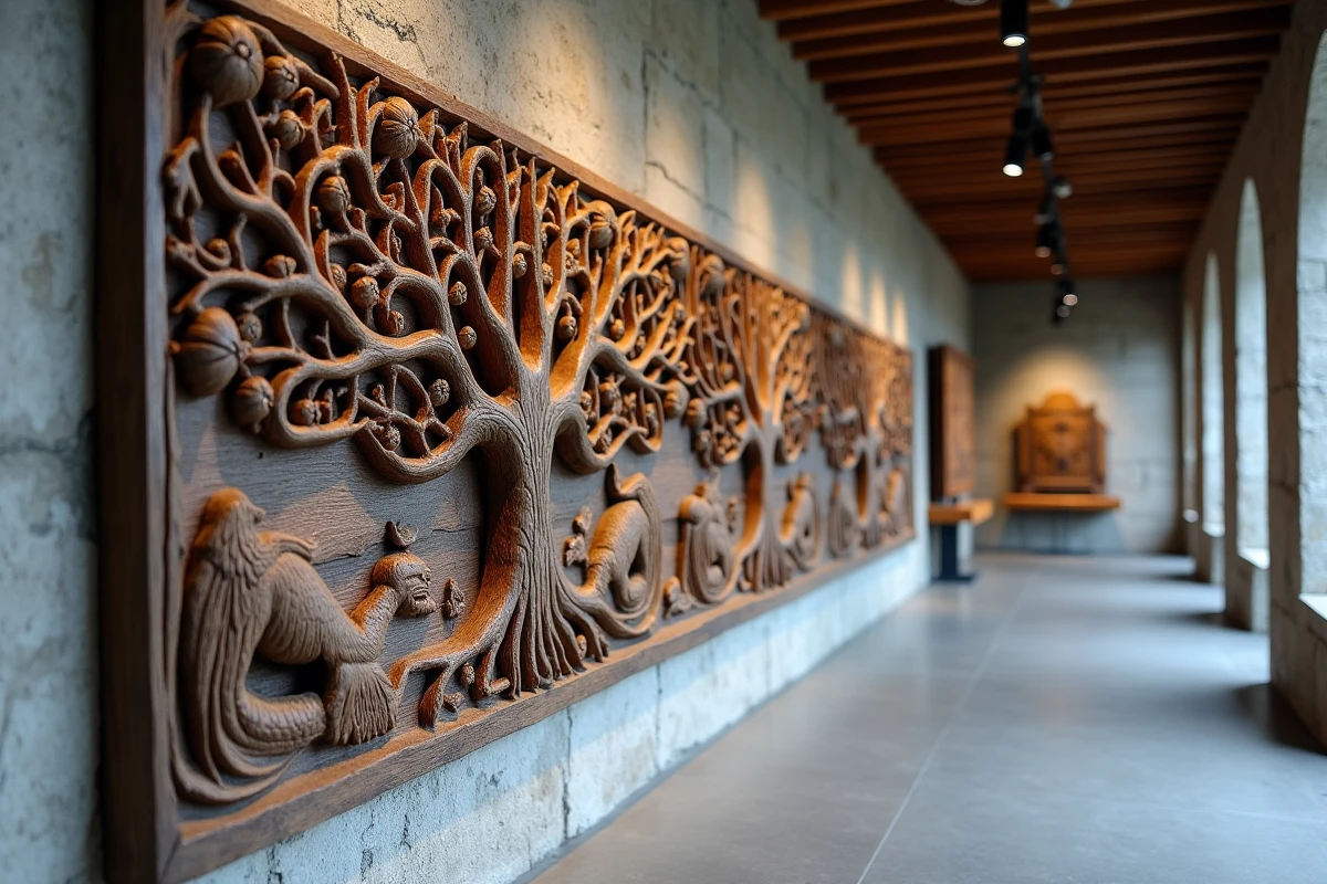 Panneau sculpté en bois représentant Yggdrasil et les neuf mondes de la cosmologie nordique exposé dans un musée scandinave