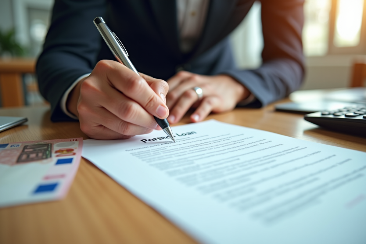 Mains signant un contrat de prêt avec billets d