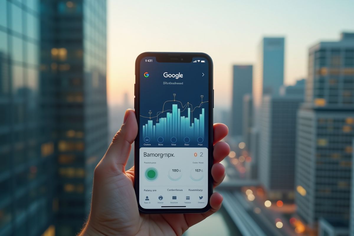 Smartphone affichant une application bancaire Google avec graphiques