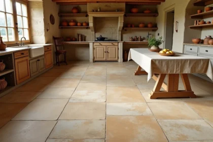 Sol en pierre de Bourgogne dans une cuisine de maison de campagne française avec dalles calcaires beiges et mobilier en chêne ancien