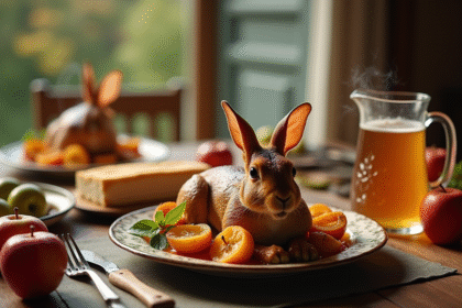 Table rustique avec plat de lapin en cidre et pommes