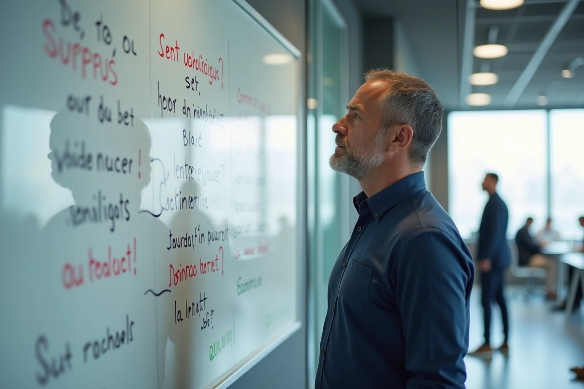 Homme devant un tableau blanc avec des phrases en français illustrant les règles de majuscule