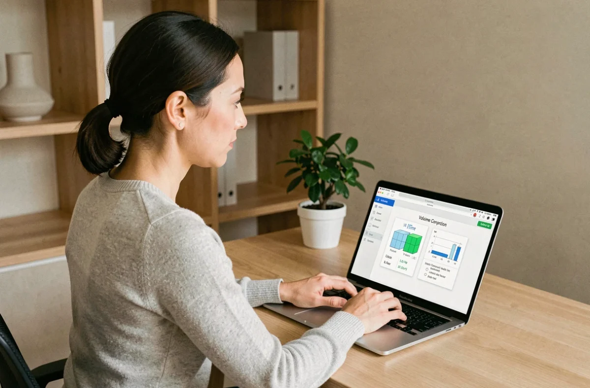Femme utilisant un tableau de conversion m3 et litre interactif sur un ordinateur portable dans un bureau à domicile
