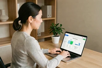 Femme utilisant un tableau de conversion m3 et litre interactif sur un ordinateur portable dans un bureau à domicile