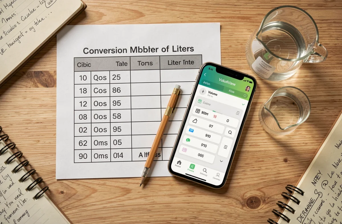 Tableau de conversion imprimé m3 en litres posé sur un bureau en bois avec une application de calcul de volume sur smartphone