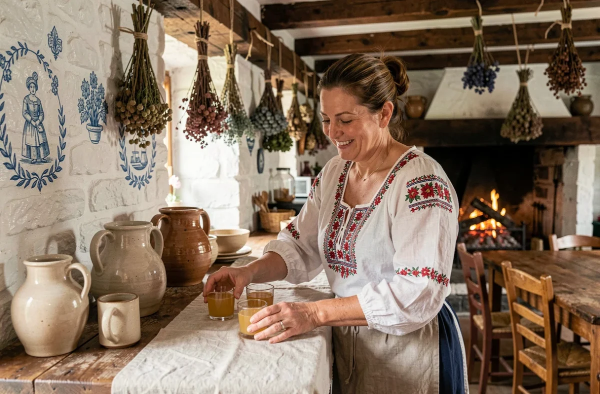 Intérieur de la Tavarn Ty Elise, taverne bretonne traditionnelle avec murs en pierre blanchie, décoration bretonne et cruches de cidre local