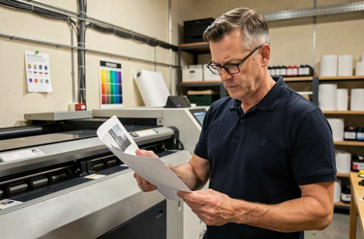 Technicien en imprimerie examinant une feuille de test A4 imprimée en haute définition devant une imprimante grand format professionnelle