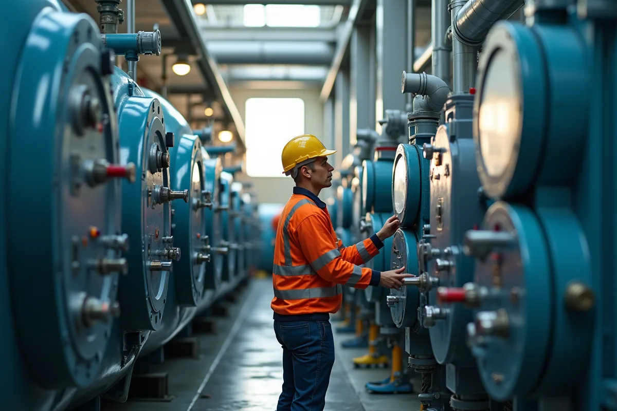 Technicien inspectant les panneaux de contrôle dans une station d