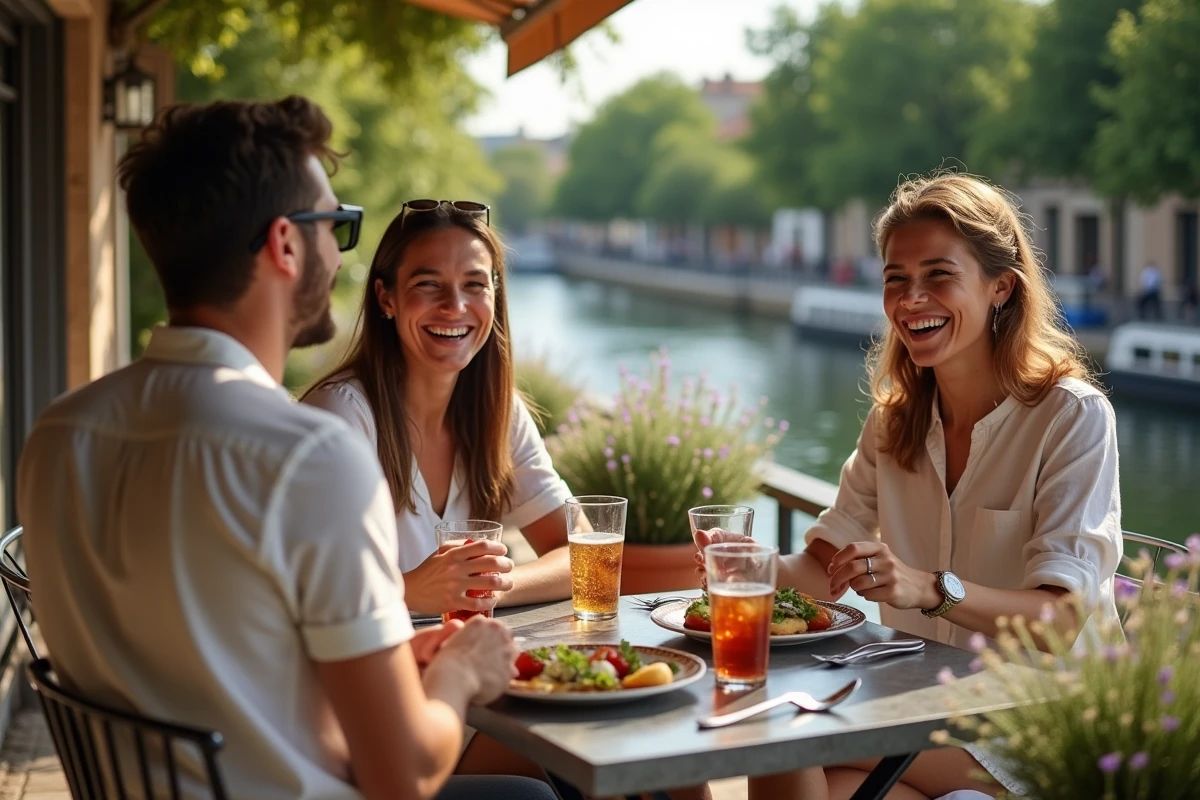 Groupe d'amis attablés en terrasse au bord du Canal du Midi à Toulouse en weekend