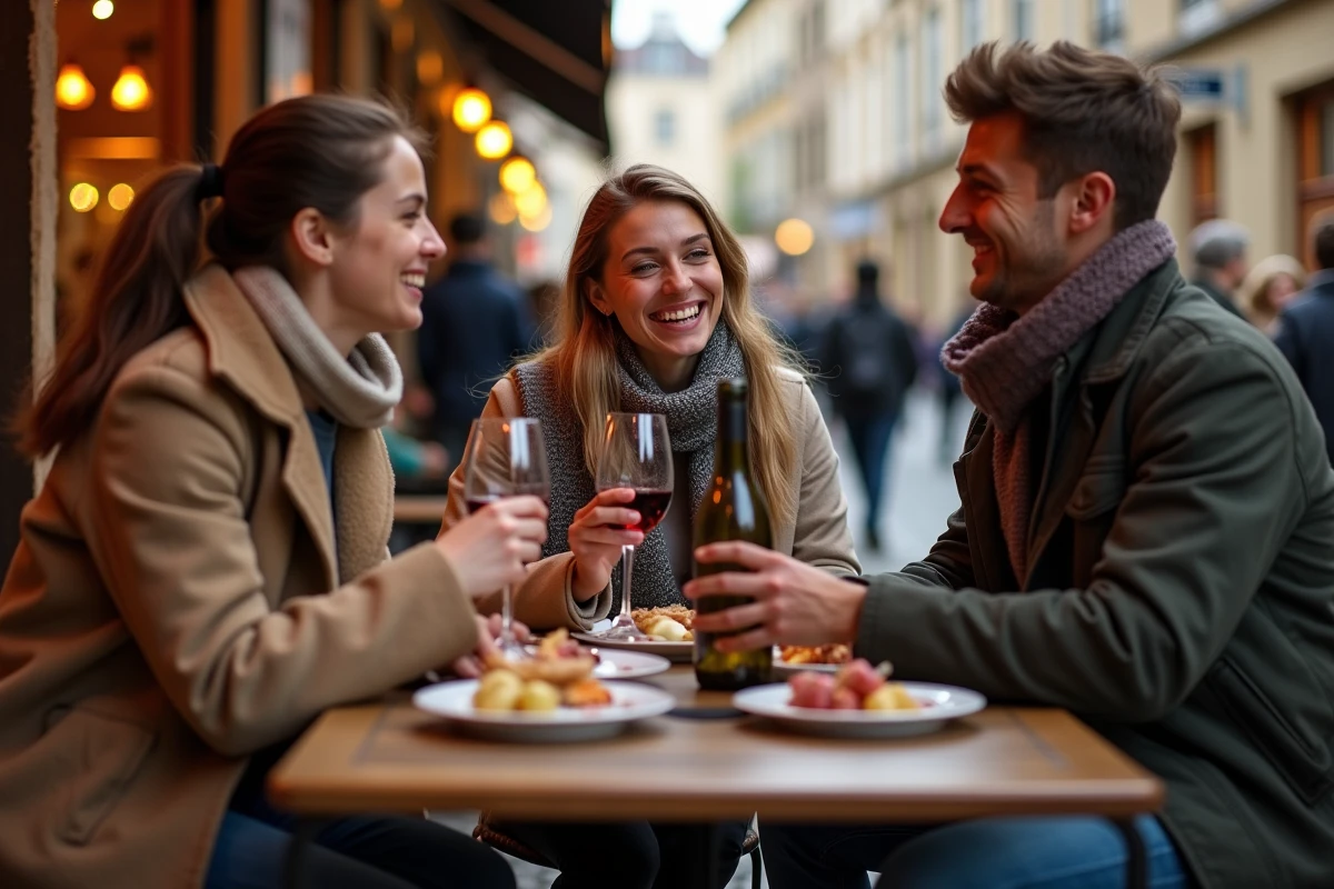 Groupe d'amis en terrasse d'une brasserie du Vieux-Lyon un dimanche soir, partageant du vin et des tapas dans une ambiance conviviale