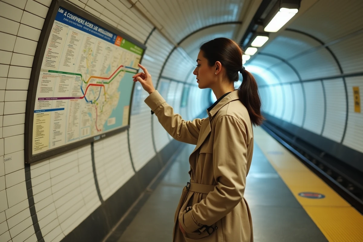 Touriste consultant un plan du métro de Paris sur le quai d'une station parisienne