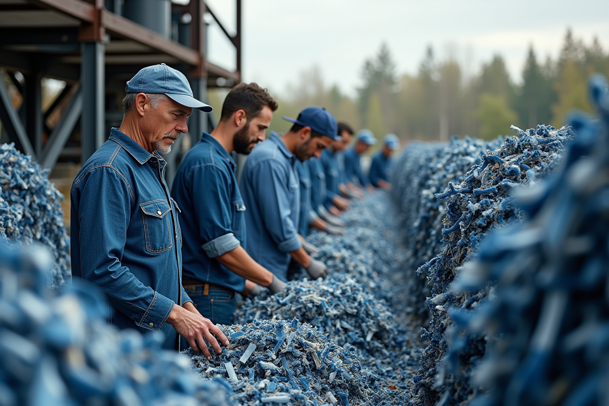 Groupe de travailleurs en denim opérant des machines de recyclage en extérieur