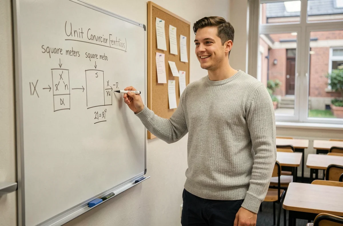 Jeune tuteur devant un tableau blanc expliquant la conversion de mètres carrés en centimètres carrés dans une salle de cours