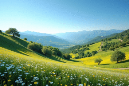 Vallée méditerranéenne en fleurs au printemps avec collines et oliviers