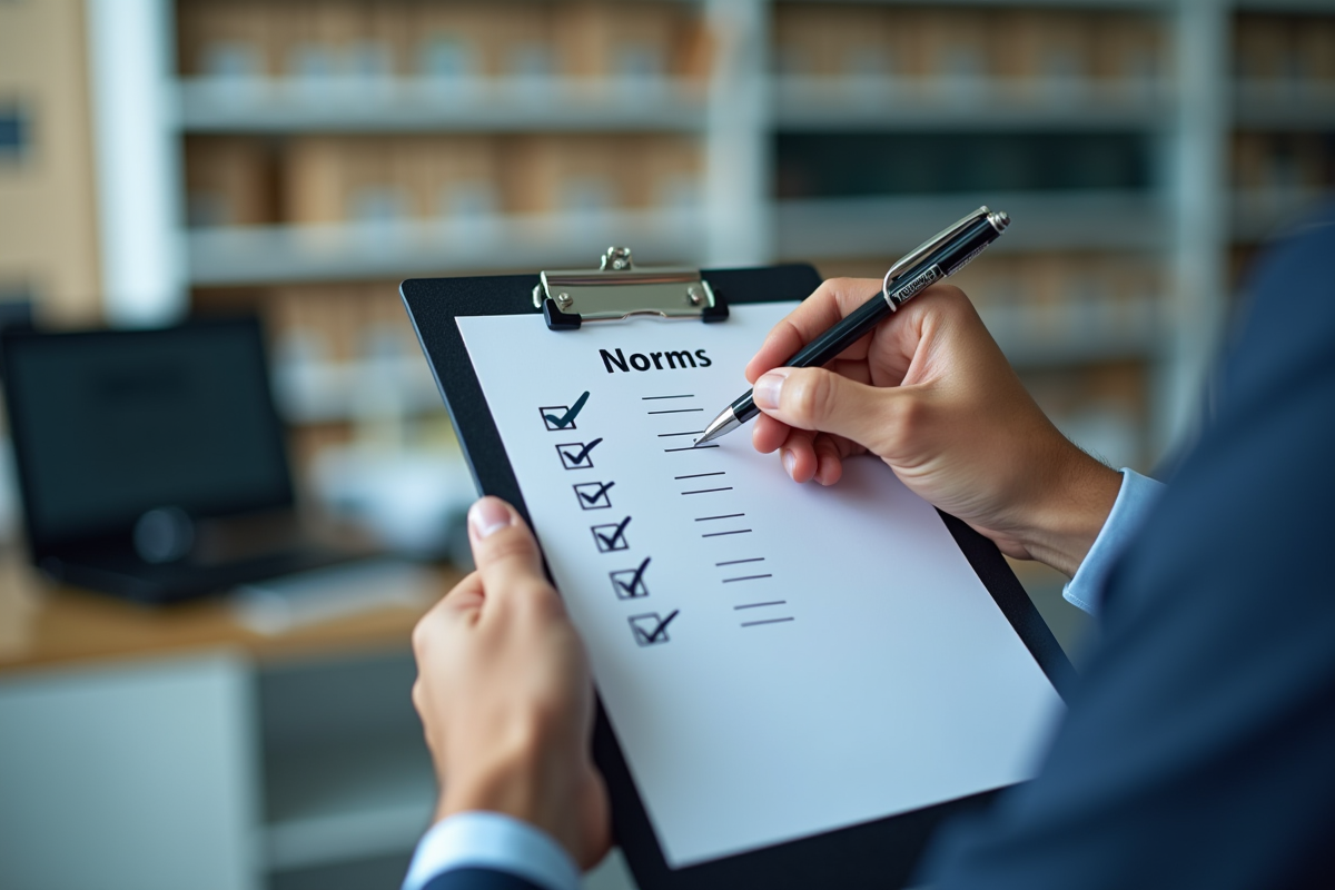 Personne cochant une checklist intitulée Normes avec un stylo