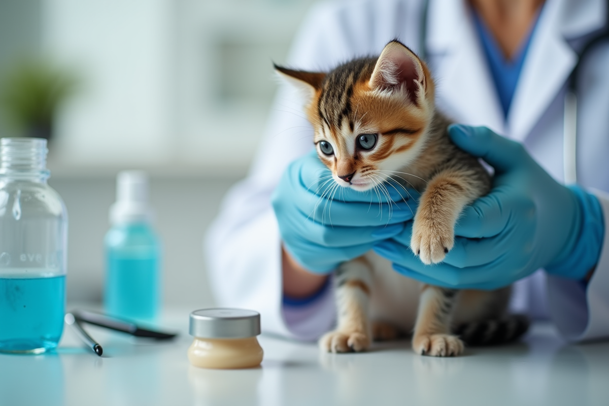 Vétérinaire tenant doucement un chaton tacheté pour préparer un biberon