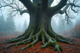 Immense frêne ancien dans une forêt scandinave brumeuse évoquant Yggdrasil, l'arbre cosmique de la mythologie nordique