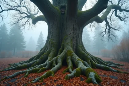 Immense frêne ancien dans une forêt scandinave brumeuse évoquant Yggdrasil, l'arbre cosmique de la mythologie nordique