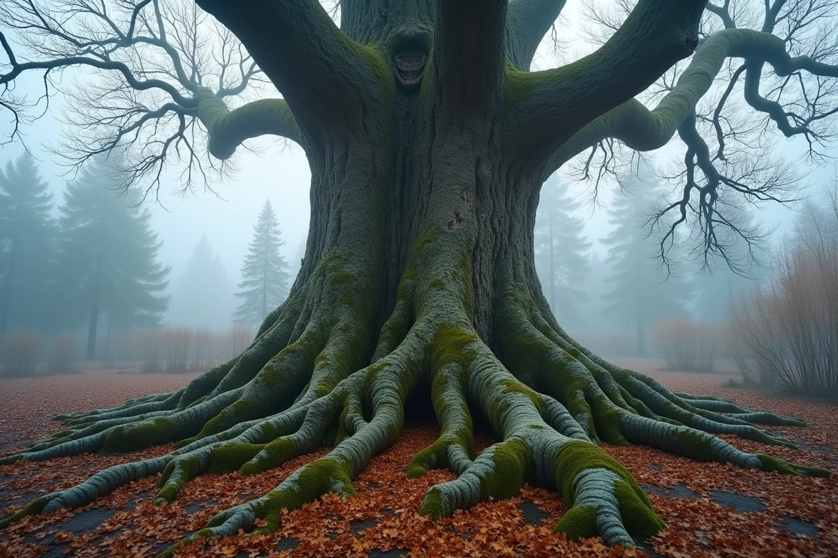 Immense frêne ancien dans une forêt scandinave brumeuse évoquant Yggdrasil, l'arbre cosmique de la mythologie nordique